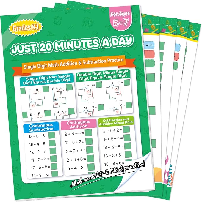 Addition and Subtraction Workbook 1st Grade Math Workbook Math Worksheets Single&Double Digit Numbers Practice Math Worksheets for Home School, 56 Pages Front and Back, 5 Question Types