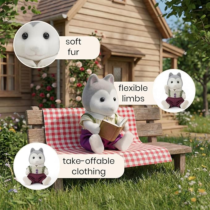 Family Gray Husky Figures — Set of 2 Collectible Flocked Mini Dolls with Removable Clothes, Dollhouse Pretend Play Set for Kids Ages 3+