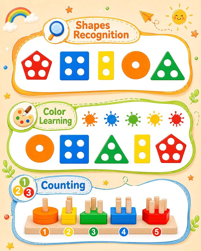 PEBIRA Montessori Toys for 1 to 3-Year-Old Boys Girls Toddlers, Wooden Sorting & Stacking Toys for Toddlers and Kids Preschool, Educational Color Recognition Shape Sorter, Learning Puzzles Gift