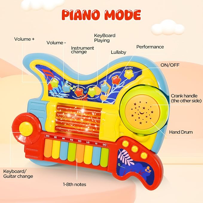 Toddler Guitar Toy 2-4 Years, 4-in-1 Kids Musical Toy with Piano & Projector, Light Up Music Instrument Toy for Toddlers, Learning Educational Toy Gift for 2 3 4 5 Year Old Girls Boys