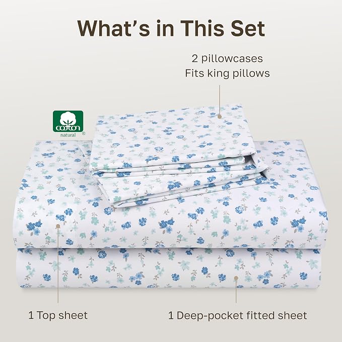 California Design Den Soft King Size 100% Cotton Sheet Sets, 400 TC Good Housekeeping Award Winner, Smooth Sateen Finish with Deep Pockets, Cozy and Durable King Bedding Set - Floral White/Blue