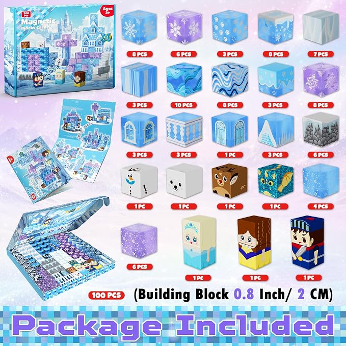 Magnetic Blocks - 100PCS Magnetic Building Block for Kids Age 3+, Transparent Magnet Cubes Blue Castle Building Toy Sets, STEM Magnets Toys Easter Birthday Gift for Boys Girls 4 5 6 7 8 9 10 11 12+
