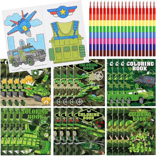 Cinrobiye 24 Set Coloring Books DIY Bulk Mini Ten Plagues Coloring Booklet with Stacking Crayons for Jewish Family Pesach Favors Goodie Bags Stuffer School Classroom Activity Rewards (Military)