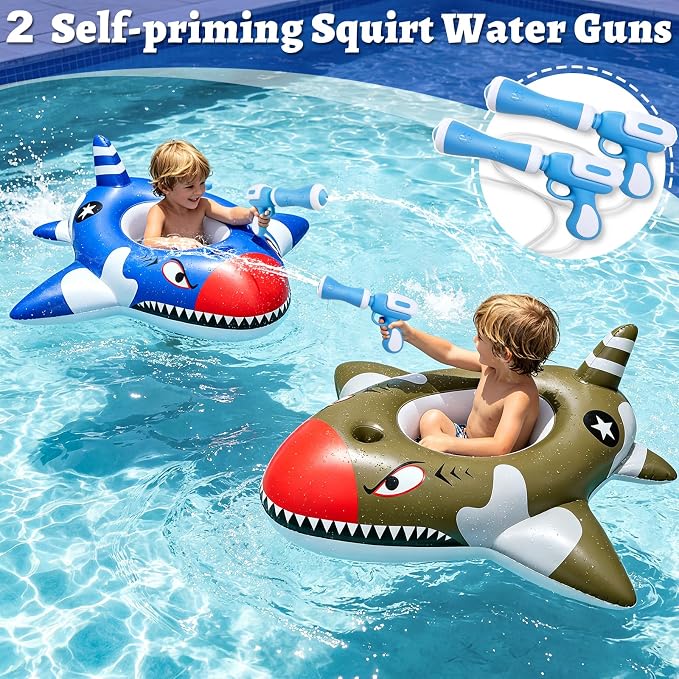 2 Pack Inflatable Shark Pool Floats Kids 3-11 Years, Kids Floaties Swimming Pool Toys with 2 Water Squirt Guns Boys Girls Party Float Ride-on Toddler Floatie with Safety Seat Summer Outdoor Water Game