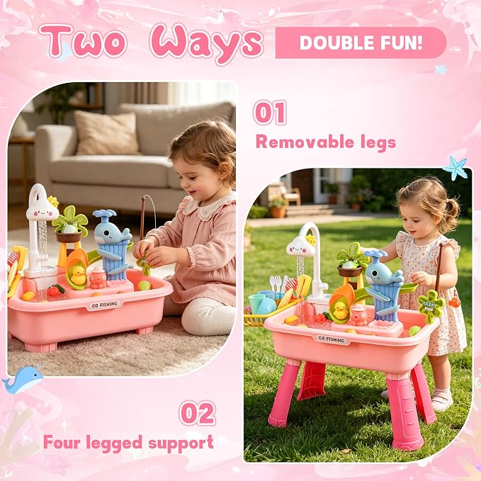 Kids Sand Water Table — 4-in-1 Kitchen Sink Toy with Electric Water Pump, Faucet, Play Food Accessories & Fishing Set, for Boys & Girls Age 3+ (Pink-Cloud)