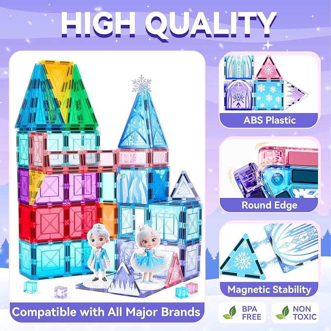 Princess Castle Magnetic Tiles Building Toys Set for Kids Ages 3-5 4-8, STEM Magnetic Blocks with 2 Dolls, Educational Sensory Magnetic Toys Gifts for Toddler Boys Girls Learning Classroom