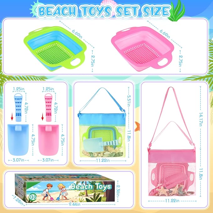 EULRGAUS Beach Sand Toys, 2 Collapsible Sand Sifters, 2 Beach Shovels, 2 Mesh Beach Bags, Shark Tooth Sifter & Shell Collecting for Kids Boys and Girls, Beach Essentials for Family
