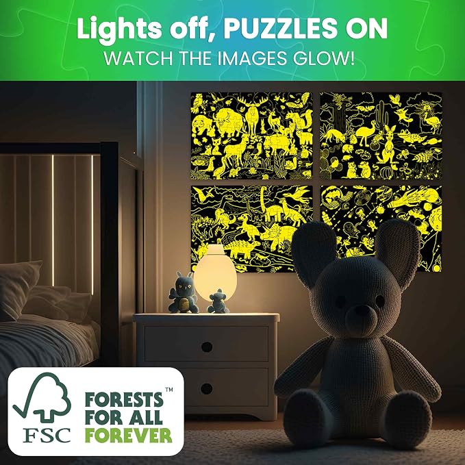 QUOKKA 100 Piece Puzzles for Kids Ages 6-8 – 4 Jigsaw Puzzles for Kids Ages 8-10 – Glow in the Dark Space Dinosaur Animals – Fun Game for 10-12 Boys and Girls – Learning Games Gift for Childrens