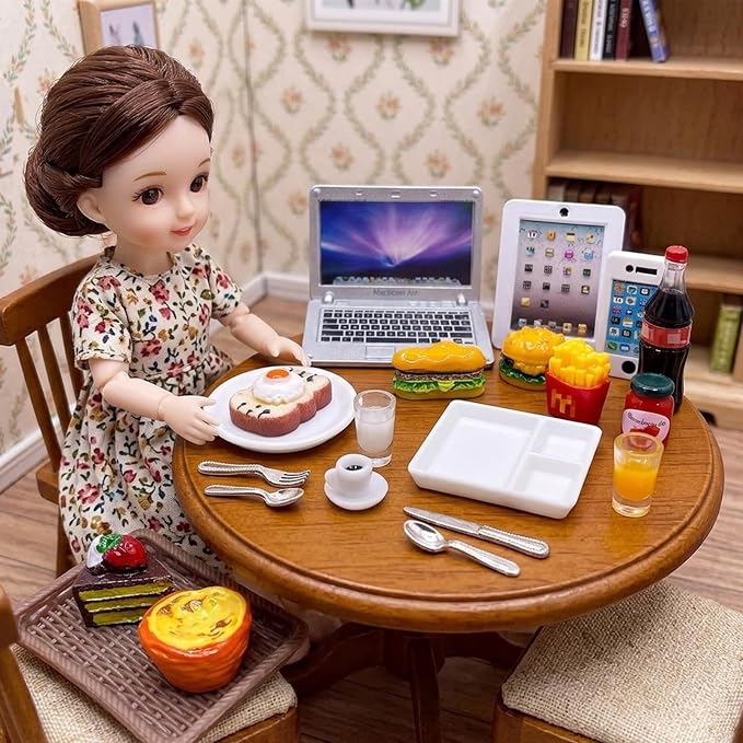20Pcs Miniature Laptop Computer Tablet Toy Phone Pad and Hamburger Fries Cola Fast Food Cake Coffee Juice Fits Doll Accessories Scale Dollhouse Playsets Girl Mini Drink Food Party