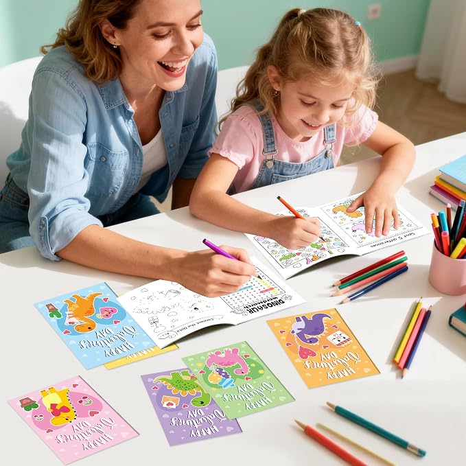 Valentine’s Day Activity Books for Kids - 24Pcs Dinosaur Theme Mini Games Coloring Book Set Bulk Mazes Word Search Word Scramble Games for Valentines Party Goodie Bags Stuffers School Classroom Favors