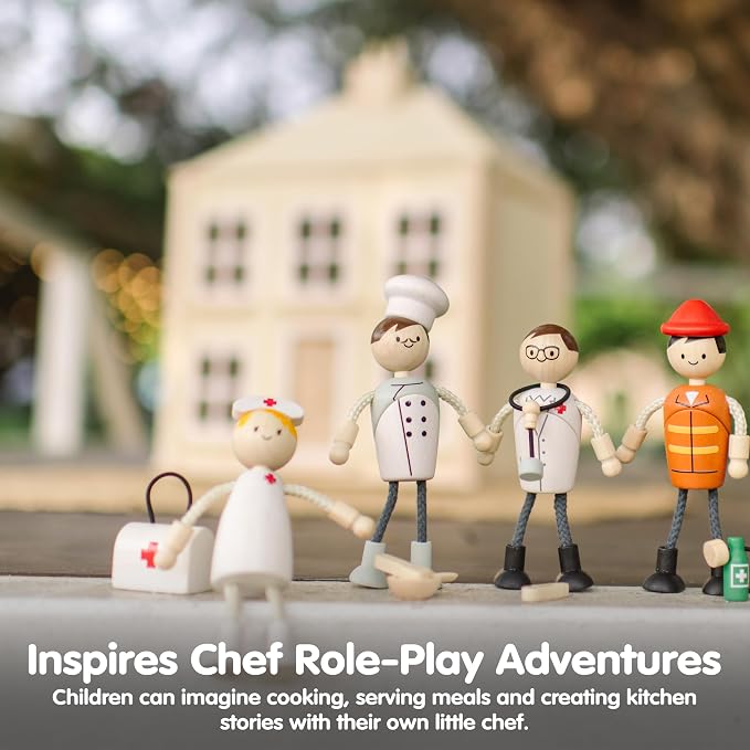 PlanToys® Wooden Chef Doll | Poseable 1:12 Scale Character Figure for Dollhouse Play, Cooking Scenarios & Social Interaction | Eco Friendly Montessori Pretend Play Figure