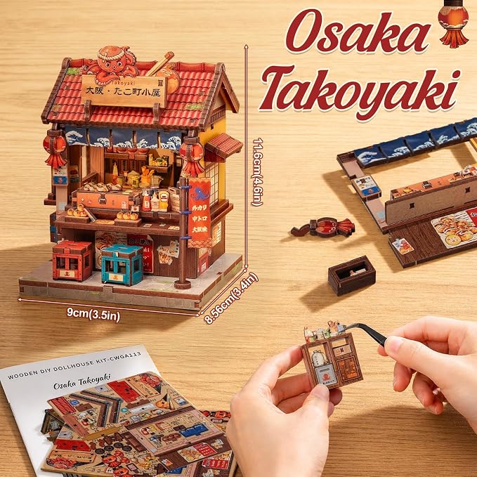 Cutefun DIY Miniature House Kit, 146 Pcs 3D Wooden Puzzle Tiny House Mini House Building Kit for Beginners & Teens – Palm-Sized DIY Japanese Booknook Dollhouse for Bookshelf Decor (Osaka Takoyaki)