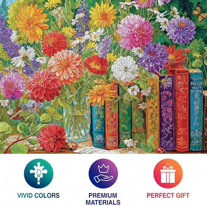 Cross & Glory | 1000 Piece Jigsaw Puzzles for Adults | Petals Between the Pages | Vintage Books & Floral Botanical Flower Puzzle | Satin Finish Flower Puzzles for Adults 1000 Pieces | Ages 14+