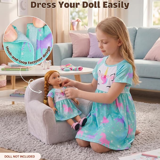 Play Tailor Doll and Girl Matching Nightgown Unicorn Outfit Pajamas Night Dress for Girls and 18" Dolls Clothes