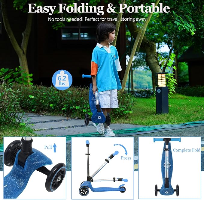 Kicknroll Kids Scooter Light Up 3 Wheel Toddler Kick Scooters with Jelly Glitter Anti-Slip Deck and LED Wheels, 4 Adjustable Heights, Foldable, Lean-to-Steer Design for Girls & Boys 3-12 Max 110 Lbs
