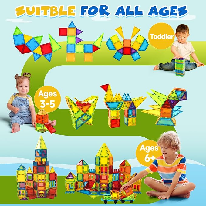 Magnetic Tiles, 131PCS Magnetic Blocks Set Including 2 Cars, Learning Magnetic Building Blocks Sets, Educational Magnets Tiles Toys Boys Girls Kids Ages 3 4 5 6 7 8 9+ Year Old