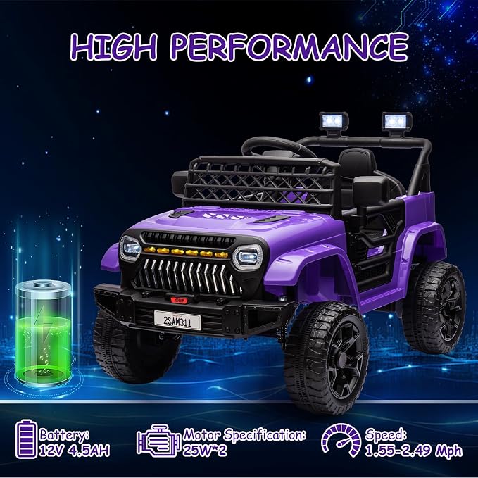 GarveeLife 12V Kids Ride On Truck Electric Vehicle Battery Powered Car Toddles Ride On Toy for Boys Girls with Remote Control, 4-Wheel Suspension, Battery Display, LED Lights, Music, Purple