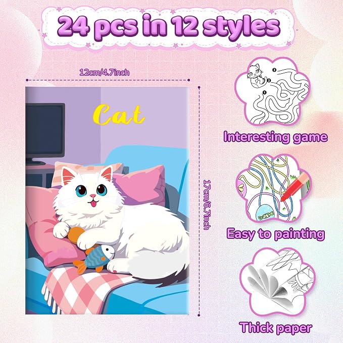 BenLouis 24 Pcs Cat Mini Coloring Books Kids Cute Kitten Small Activity Books Bulk for Girl Boys Kids Pet Birthday Themed Goodie Bags Stuffers Return Gifts Classroom Travel