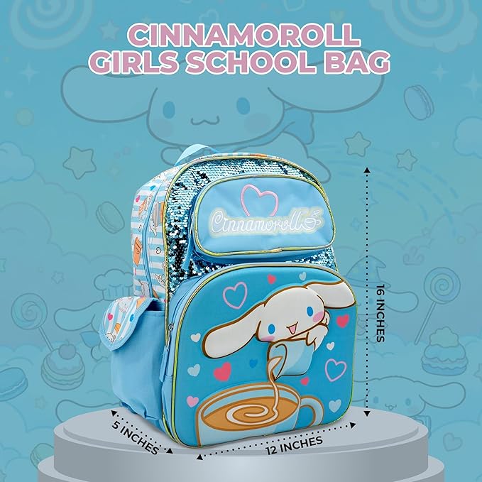 AI ACCESSORY INNOVATIONS Sanrio’s Hello Kitty Backpack for Girls, 16 Inch Cinnamoroll, Kawaii School Bag with Flip Sequins & 3D Molded Front Pocket, Blue