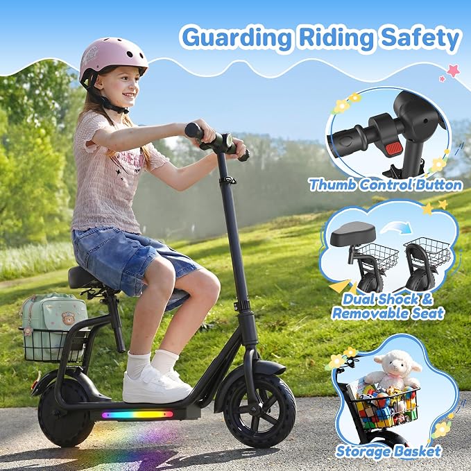iScooter 2-in-1 Kids Electric Scooter ik7,Up to 12mph&10Miles Range，250W Motor, Headlight & Brake Taillight, Removable Seat&Basket, Smart App Parental Control,Electric Scooter for Kids Ages 10-14