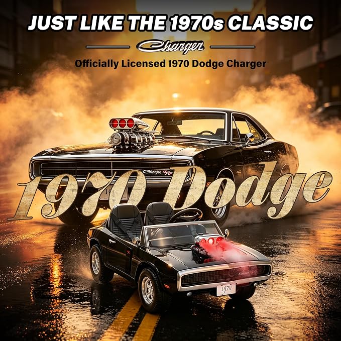 Licensed 1970 Dodge Charger 24V Ride on Toys for Big Kids, 2 Seater Ride on Car with Parent Remote Control, Dual 120W Motors, Bluetooth Music, LED Lights, Hood Supercharger with Mist, 5 MPH