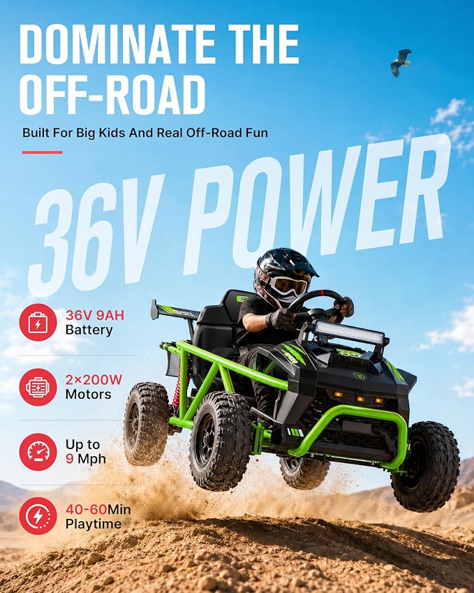 First Ride On 36V Kids Off-Road Go Kart, 400W Electric Ride-On Car for Ages 6+, Up to 9.3 MPH, EVA Tires, Metal Frame, Hall Throttle, Electronic Brake, Adjustable Seat, Bluetooth (Green)
