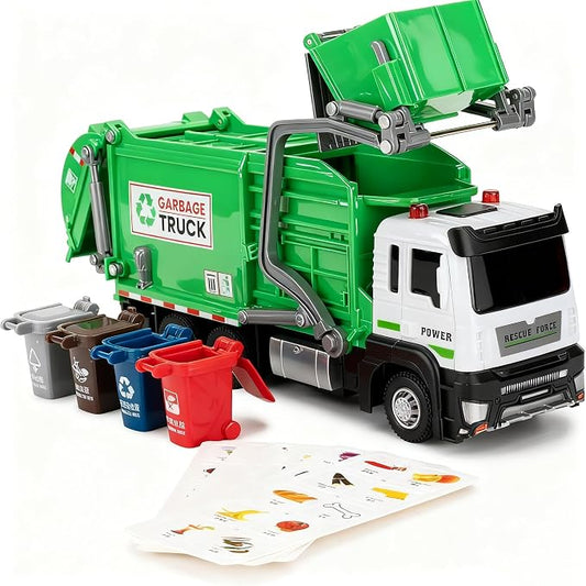 Kids Garbage Recycling Truck Toy, Green Pull-Back Truck Model with Sound & Light, Waste Sorting Learning Cards, Educational Toy, for 3-6 Year Old Boys Girls