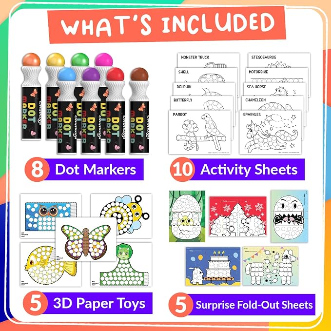 Chalkola 8 Washable Dot Markers for Toddlers | with 20 Page Coloring Activity Book Kit, Bingo Daubers | Preschool Paint Dot Art Set - Toddler Arts and Crafts Supplies for Kids Ages Above 3 Years Old