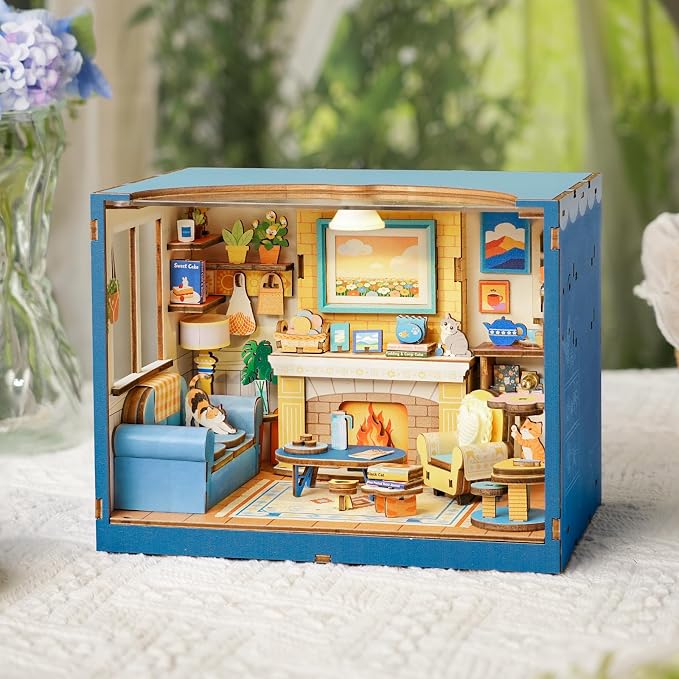 DIY Miniature House Kits-Living Room, 3D Wooden Puzzles with LED Light Tiny House Mini House Building Kit for Adults, Wooden Adults Crafts Home Decor Gifts for Parents Friends