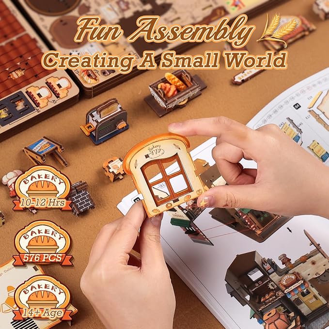 Cutefun 3D Wooden Puzzle for Adults, DIY Miniature Bakery House Kit, Wooden Mechanical Model 576 Pcs Building Kit with LED Light & Music, Creative Craft Gift Home Decor (Bread Factory)