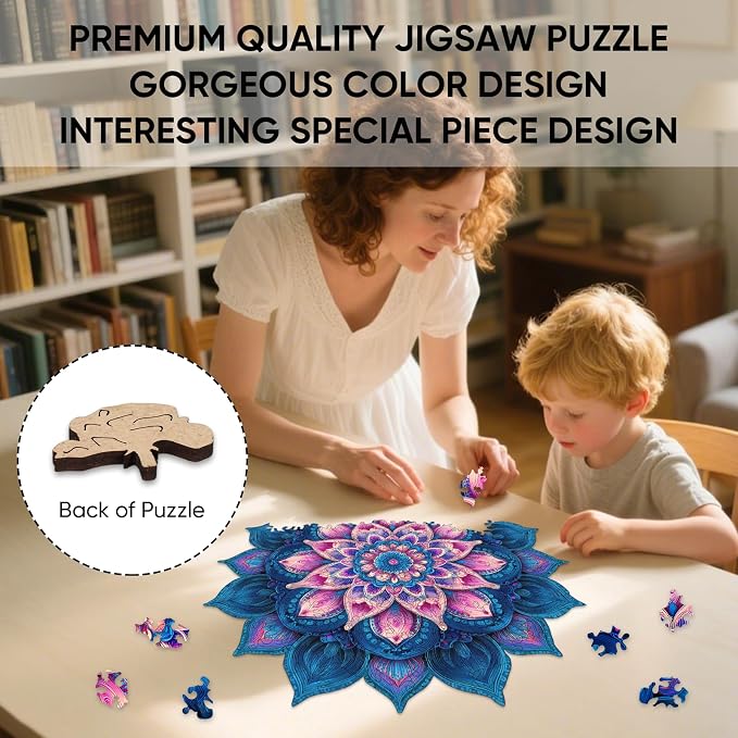 Ixfyloop Mandala Wooden Puzzles for Adults, Lotus Adult Puzzles 192 Pieces, Wooden Jigsaw Puzzles Unique Shape, Mindfulness Wood Puzzles Adult, 11.1x11.2 inch
