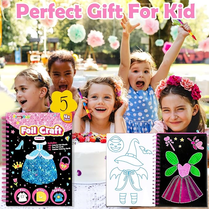 FUNNYB&G Foil Art Craft Kit for Girls 4-10 Years Old: Mess-Free & No-Glue, Create 16 Sparkly Dress Up Pictures – Perfect Travel Toy & Birthday Gift for Kids (Dress Up)