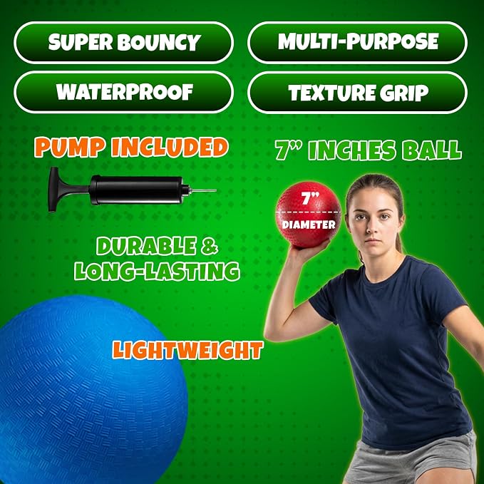 7 Inch Red & Blue Dodgeball Set - (2-Pack) with Pump - Kickball Playground Balls for Kids - Gym Sports Balls for Dodgeball, Four Square, PE, Recess & Backyard Games