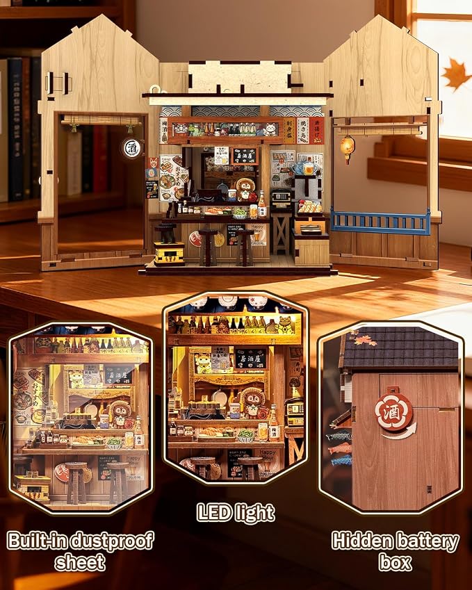 Book Nook Kit - DIY Miniature House Kit, 3D Puzzle Wooden Dollhouse with LED, Sakura Wine Alley, Tiny House Bookend, Bookshelf Decor, Crafts Gifts for Adults, Teens & Book Lovers