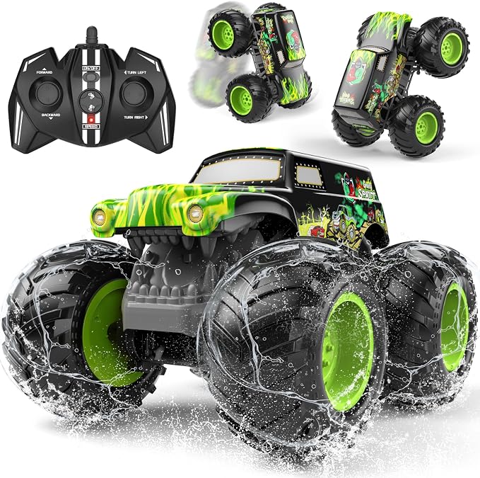 Amphibious Remote Control Monster Truck for Kids, Self-Balancing 4WD Stunt RC Truck with Wheelie Action, Waterproof All-Terrain Off-Road Big Tire Toy Car for Boys Girls Ages 6–12, Pool Gift