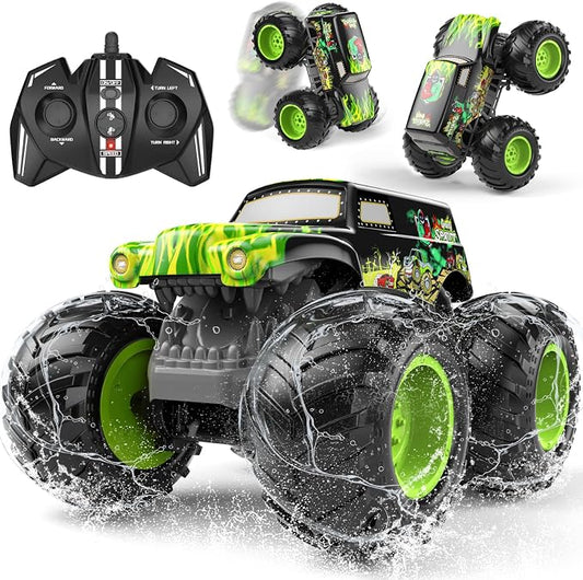 Amphibious Remote Control Monster Truck for Kids, Self-Balancing 4WD Stunt RC Truck with Wheelie Action, Waterproof All-Terrain Off-Road Big Tire Toy Car for Boys Girls Ages 6–12, Pool Gift