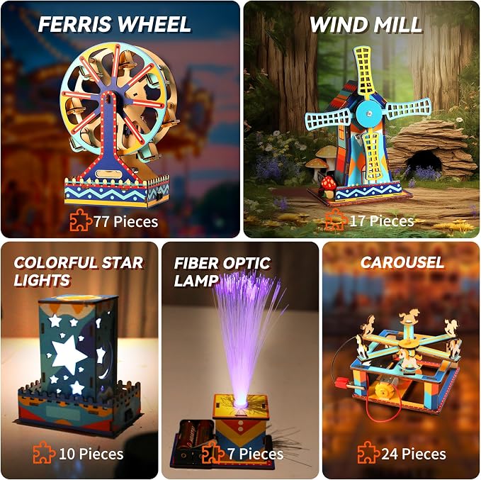 5-in-1 STEM Kits for Kids 6-12, Colorful UV Printed Wooden Building Toys with Motorized Ferris Wheel & Night Light, DIY Science Engineering Projects, Educational Gifts for Boys Girls