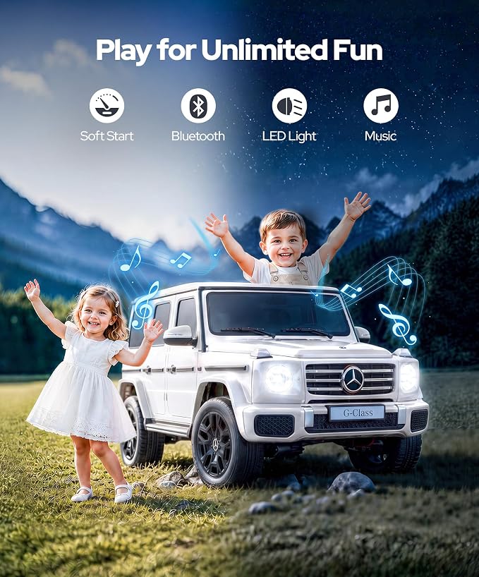 ELEMARA 2 Seater 24v Ride on Toys for Big Kids,Mercedes Benz G-Class G500 Kids Car,Toddler Electric Car w/Remote Control,Electric Vehicle to Drive,Bluetooth,Music& Horn,Low Battery Prompt,White