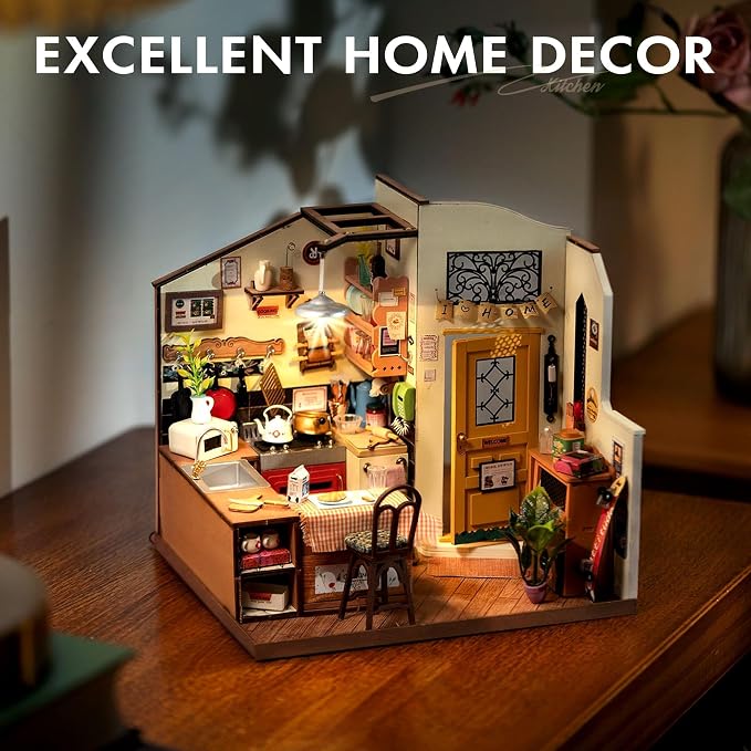Robotime DIY Miniature House Kit, 1:18 Kitchen Diorama Dollhouse with LED Lights, 3D Wooden Puzzle for Adults, Craft Hobby Gift for Women Men Teens