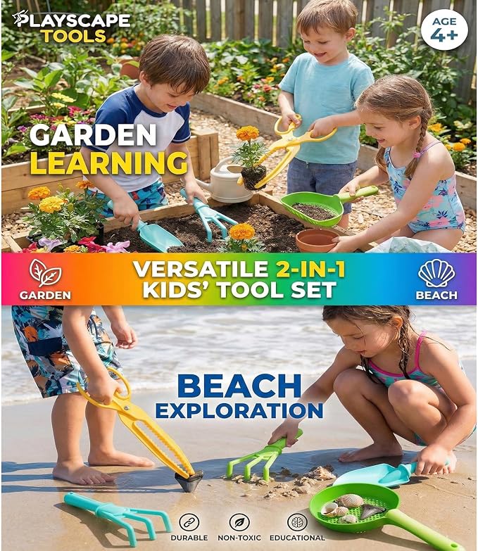 Sand Beach Toys for Kids, 5 PCS Beach Shovel Sifter Rake, Clip Tongs Set - Travel-Friendly Mesh Scooper for Shell Collecting, Outdoor Essentials Shark Tooth Sifter Dipper for Toddlers Boys Girls