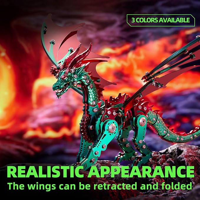 OreilleStar 3D Metal Dragon Puzzle, Mechanical Model Building Kit, Green and Red Assembly Puzzle for Adults Gift (Green Red Dragon)