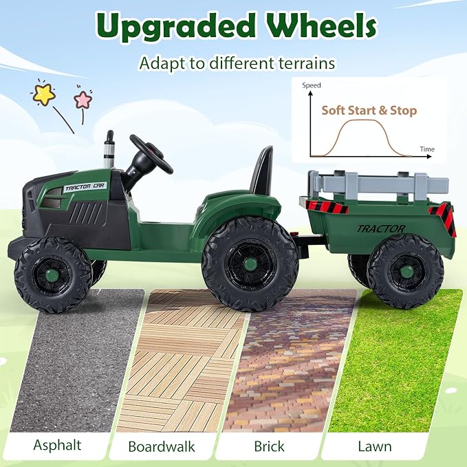 Costzon 24V Ride on Tractor with Detachable Trailer, Kids' Electric Vehicles with 3 Speeds, 15° Climbing, Wireless Design, Horn & Music, Remote Control Tractor Toy for Kids 3+,Gift (24V, Deep Green)