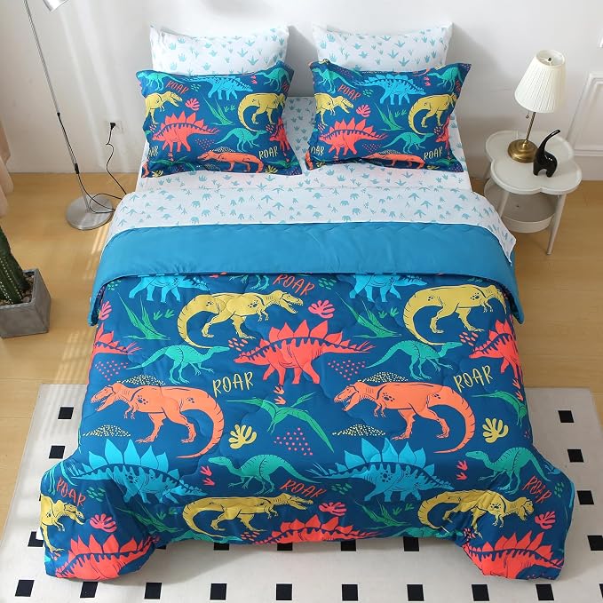 Wajade Boys Dinosaur Comforter Set Bed in A Bag Twin Size 7 Piece 3D Blue Dinosaur Print Bedding Set for Kids Teens(1 Comforter, 1 Flat Sheet, 1 Fitted Sheet, 2 Pillowcase and 2 Pillow Sham)