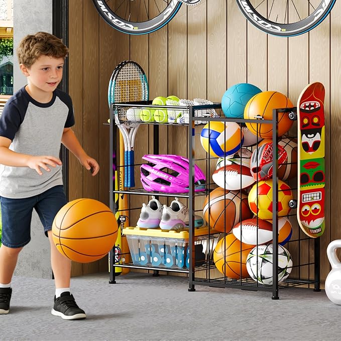 Sports Equipment Organizer, Ball Storage Rack with Elastic Straps and Removable Basket for Garage Organization, Garage Organizer with Hooks for Toy Sports Gear Storage, Sports Ball Storage Cart, Black