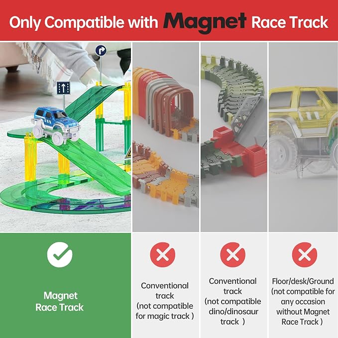Magnetic Track Cars Replacement Only, Flex Track Race cars Accessories Construction Building Kits for Magnet Tracks Glow in the Dark, Only Compatible with Magnetic Car Tracks for Kids Ages 3+ (4pack)