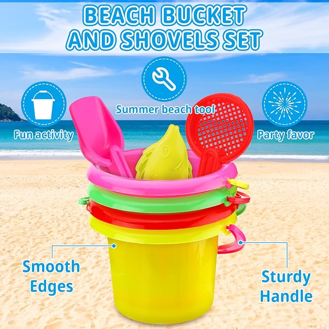 Jexine 96pcs Colorful Beach Party Favors for Kid 24 Set 3.94" Sand Buckets and Shovels for Bucket Party Favor Sand Box Play Set and Mini Beach Pail Includes Shovel, Rake, Scoop Summer Outdoor Toys