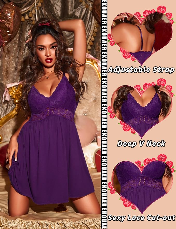 Ekouaer Lingerie for Women Sexy Nightgown Lace Trim Sleep Dress Chemise Nightgowns Sleeveless Night Gown Sleepwear S-3XL