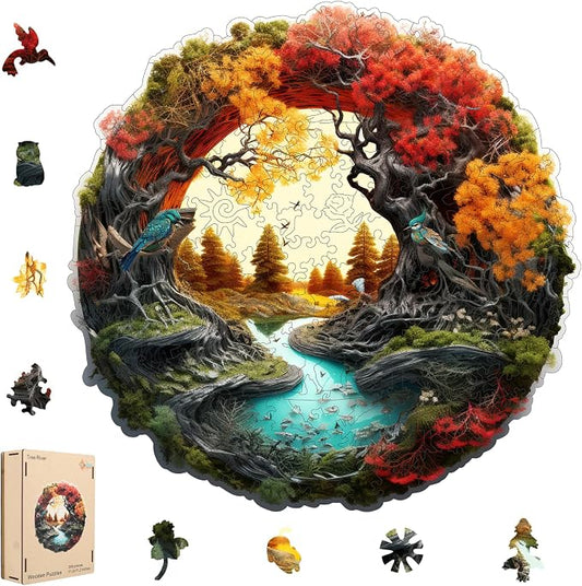MEATRN Tree River 200 Pieces Wooden Puzzles for Adults - Autumn Landscape Jigsaw Puzzle with Colorful Trees and Flowing River, Family Night Fun, 11.2x11.1 in