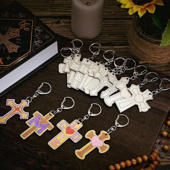 Trnayi 36 Pcs Religious Cross DIY Wooden Keychain Crafts Color Your Own Cross Wood Keychains Unfinished Sunday School Christian Gifts Blank Love God Kits for Art Easter Party Home Activities
