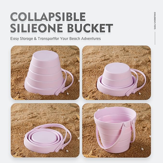 MarcZero 11Pcs Silicone Beach Toys,Collapsible Sand Bucket,Modern Baby Beach Toys,Travel Friendly Beach Set,Silicone Bucket,Shovel,Sand Molds, Beach Bag,Silicone Sand Toys for Toddlers, Kids (Purple)